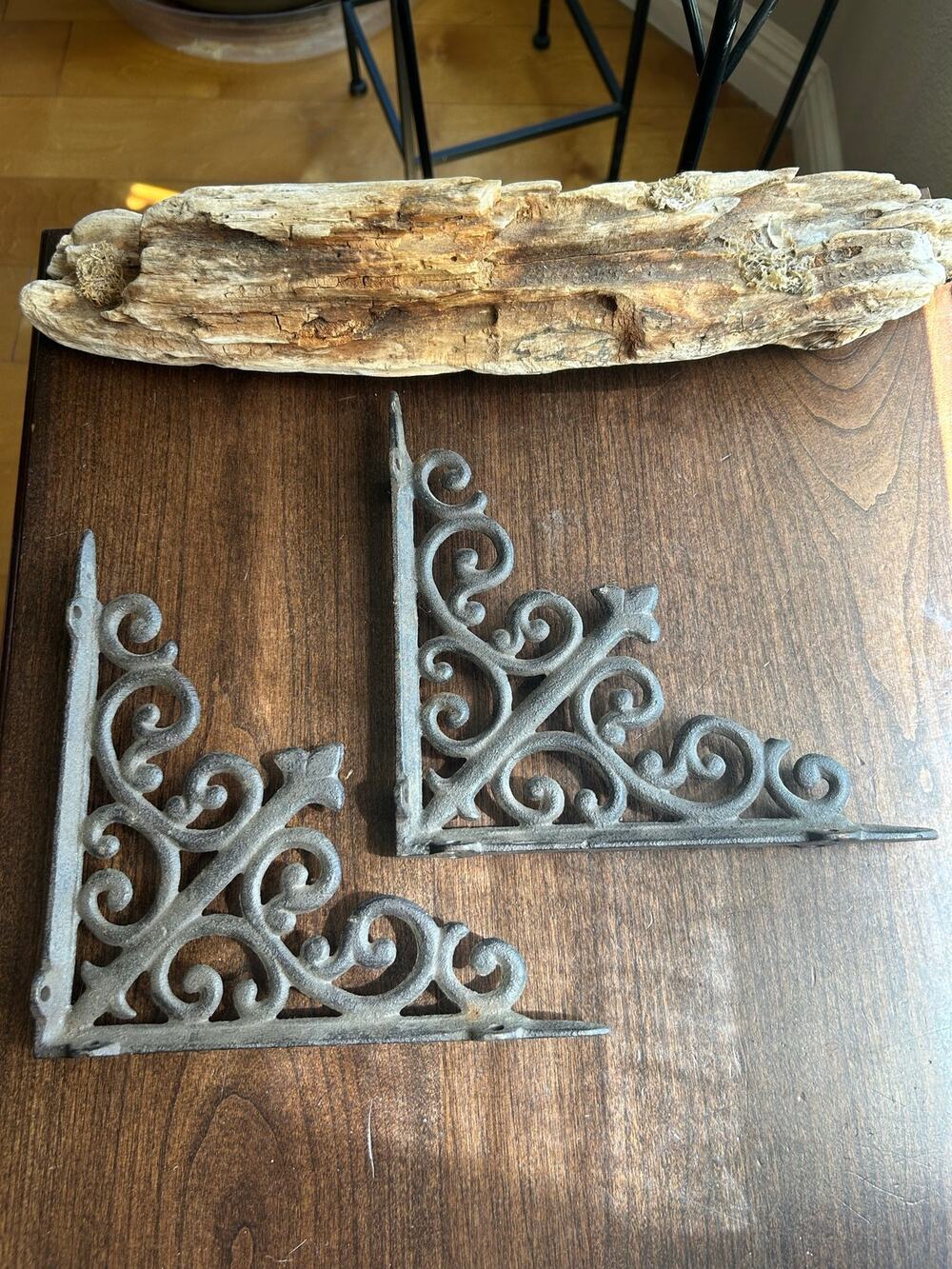 Antique vintage Pair of ornate scroll-design cast iron shelf brackets corner